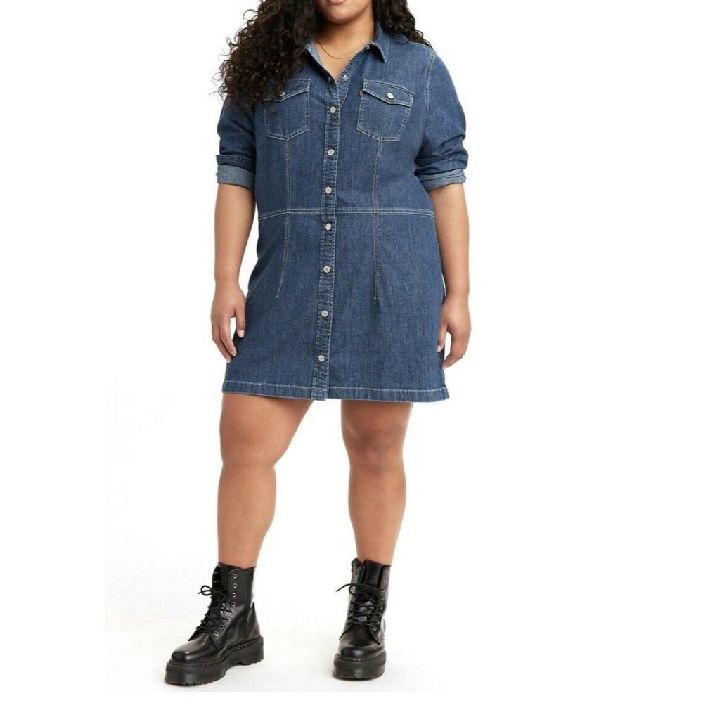 COPY - Levis chambray blue denim long sleeve button down shirt dress, Pockets, …